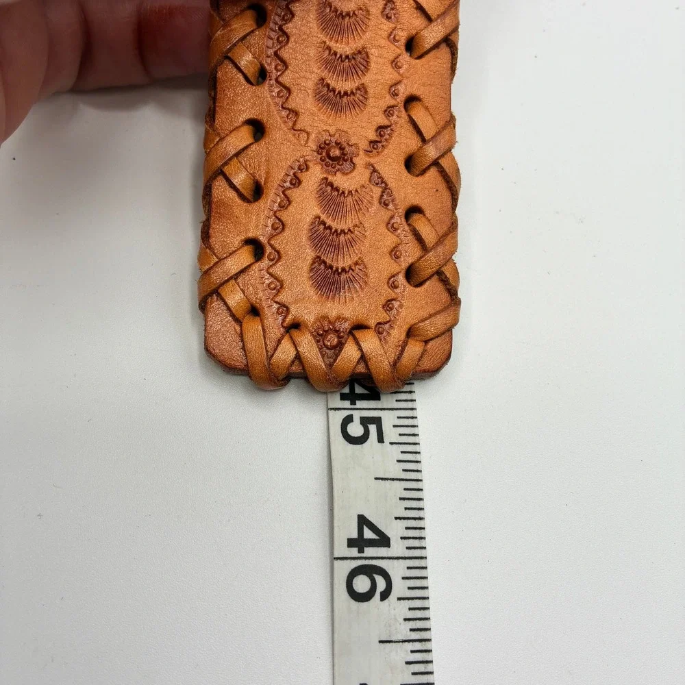 Vintage Hand Tooled Leather Belt Mens 38 Tan Whipstitch Western Boho Cutout